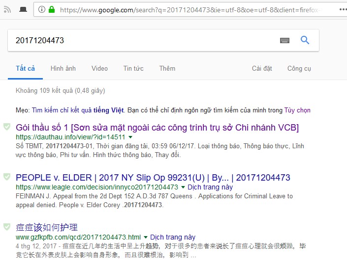 Ảnh chụp màn hình tìm kiếm Google theo số TBMT